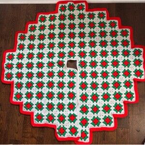 Vintage Christmas Tree Skirt Knitted Granny Squares Red Green 48" x 48" Handmade